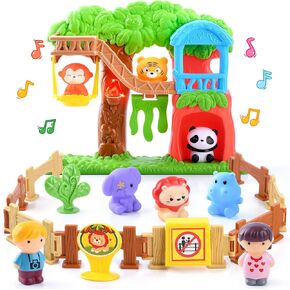 PLAY Safari Animals Figures Toys Playset, 20Pcs Realistic Jungle Forest Zoo Animals Figurines Tree House Playset with Lights & Sounds for Toddlers, Learning Toys Gifts for Girls Boy Ages 18M+