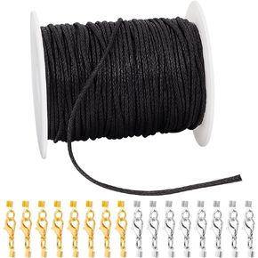 PH PandaHall Waxed Cord with Jewelry Clasp Kit, 50 Yards 2mm Black Waxed Cotton Threads with Lobster Claw Clasps Fold Over Cord Ends Wax Cord Beading String for DIY Bracelet Necklaces Jewelry Making