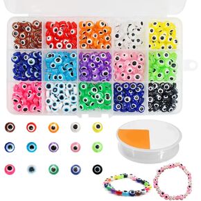 lyfLux 8 mm Evil Eyes Resin Beads with 1 Roll Elastic Crystal String Cord for Jewelry Crafts Making DIY Bracelets Necklace(15 Colors, 450 Pcs)