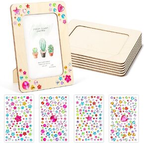 Lesnala 6Pcs Unfinished Wood Picture Frames with 4 Sheets Crystal Diamond Stickers Wooden Picture Frames for Crafts DIY Picture Frames Crafts Kits for Adults Kids DIY Party Gifts(Fits 4x6'' Photo)