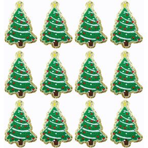 12 PCS Christmas Tree Patches Gold Edges Green Tree Iron On Patches Chenille Patches for DIY Holiday Clothes Decorate