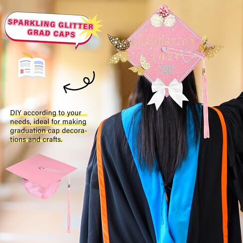 24 قطعة من البطاقات اللامعة لقبعات التخرج، زخارف قبعة التخرج DIY لحفلة التخرج مع ذاتية اللصق، وردي in Saudi Arabia