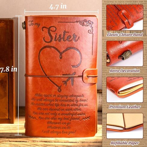 MINICAGIE Sister Birthday Gifts, Sister Leather Journal to My Sister Book Refillable Diary Vintage Notebook Travel Journals for Writing, Christmas Birthday Thanksgiving Wedding Gifts for Sisters in Saudi Arabia