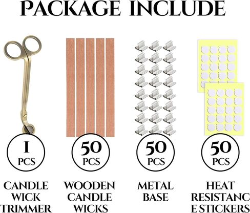 مجموعة صنع الشموع المكونة من 151 قطعة - فتائل شموع خشبية مع قاعدة معدنية لصنع الشموع فتائل خشبية بدون دخان للشموع مع أداة تشذيب فتيل الشمعة السوداء وملصقات (أسود) in Kuwait