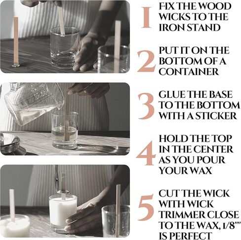 مجموعة صنع الشموع المكونة من 151 قطعة - فتائل شموع خشبية مع قاعدة معدنية لصنع الشموع فتائل خشبية بدون دخان للشموع مع أداة تشذيب فتيل الشمعة السوداء وملصقات (أسود) in Kuwait