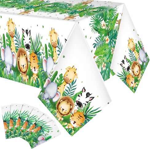مفرش طاولة Peryiter Jungle Safari Animals من البلاستيك غطاء طاولة واحد مقاس 54 × 108 بوصة مفرش طاولة باللون الأخضر المريمية ديكورات سفاري لحفلات الغابة والأطفال الصغار ومستلزمات حفلات أعياد الميلاد (3 قطع) in Kuwait