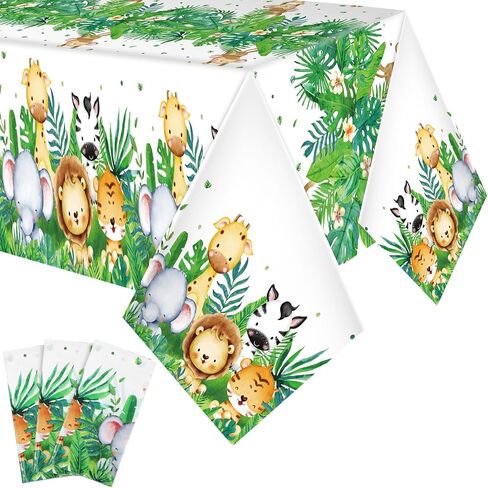 مفرش طاولة Peryiter Jungle Safari Animals من البلاستيك غطاء طاولة واحد مقاس 54 × 108 بوصة مفرش طاولة باللون الأخضر المريمية ديكورات سفاري لحفلات الغابة والأطفال الصغار ومستلزمات حفلات أعياد الميلاد (3 قطع) in Kuwait