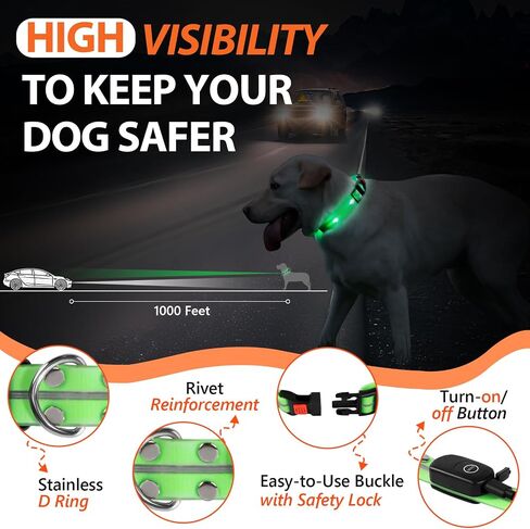 Lighted Dog Collars for Night Waterproof, Glowing Dog Collars, USB Rechargeable Led Light Up Dog Collars, Glow in Dark Dog Collars for Medium Large Dogs (Green, Pack of 1) in Saudi Arabia