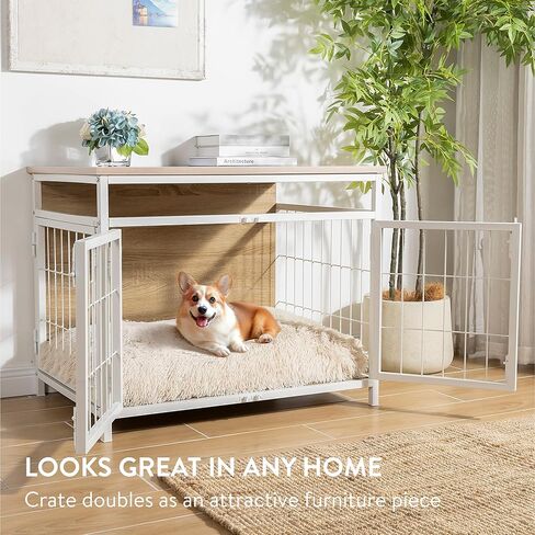 أثاث قفص الكلاب من Navaris - قفص للكلاب مع سطح طاولة خشبي - يتضمن الأثاث الخشبي قفصًا لكلبك مع 3 أبواب - قفص كبير للكلاب الكبيرة - بيت الكلب in Kuwait