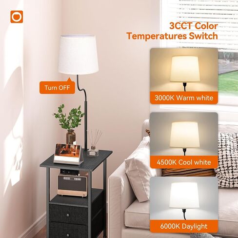 addlon Floor Lamp with Side Table, Nightstand with Charging Station, 3 Color Temperatures 9W LED Bulb, Floor Lamps for Living Room, Bedroom, Storage End Tables Living Room - Black in Saudi Arabia