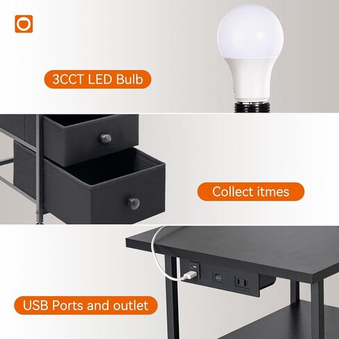 addlon Floor Lamp with Side Table, Nightstand with Charging Station, 3 Color Temperatures 9W LED Bulb, Floor Lamps for Living Room, Bedroom, Storage End Tables Living Room - Black in Saudi Arabia