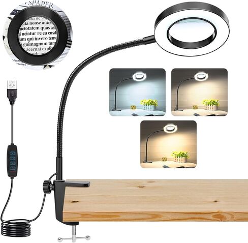 عدسة مكبرة 10X مع ضوء، مشبك على Mganifier مع ضوء، 48 عدسة مكبرة للمكتب مع مشبك، 3 أوضاع مصابيح مكبرة قابلة للتعتيم لأعمال السرير والحرف اليدوية لإصلاح المجوهرات in Kuwait