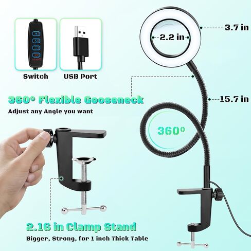 عدسة مكبرة 10X مع ضوء، مشبك على Mganifier مع ضوء، 48 عدسة مكبرة للمكتب مع مشبك، 3 أوضاع مصابيح مكبرة قابلة للتعتيم لأعمال السرير والحرف اليدوية لإصلاح المجوهرات in Kuwait
