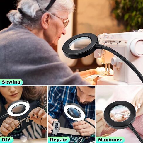 عدسة مكبرة 10X مع ضوء، مشبك على Mganifier مع ضوء، 48 عدسة مكبرة للمكتب مع مشبك، 3 أوضاع مصابيح مكبرة قابلة للتعتيم لأعمال السرير والحرف اليدوية لإصلاح المجوهرات in Kuwait