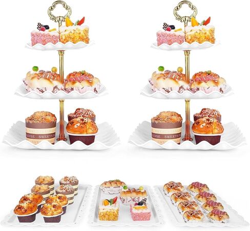 5 Pcs Dessert Table Display Set - 2 Pcs 3-Tier Dessert Display Stands & 3 Pcs Serving Tray - Dessert Trays for Tea Parties,Birthdays & Baby Showers in Saudi Arabia