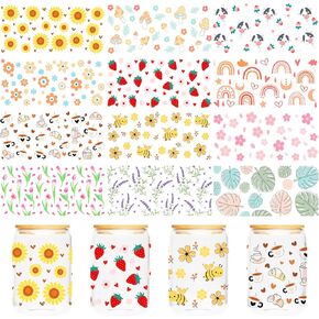 UV DTF Cup Wraps Transfer - 12 Sheets Boho UV DTF Sticker for 16 OZ Glass, Boho Rainbow, Daisy, Flower, Cow, Bee, Strawberry, Mushroom, Coffee Style, Gifts for Students, Tearcher, Friends