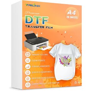 ورق فيلم نقل TRILINK DTF مقاس A4 (8.5 بوصة × 11 بوصة) - 20 ورقة، أوراق معالجة مسبقة شفافة غير لامعة مزدوجة الجوانب - ورق نقل حراري PET لطابعة التسامي طباعة مباشرة على نسيج القمصان