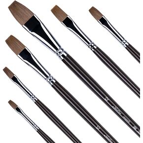 Golden Maple Flat Paint Brushes - 6PC Red Sable Wooden Long Handle Artist Paint Brush Set for Acrylic, Gouache and Watercolor Painting Offering Excellent Paint Holding and Easy Flow of Paint