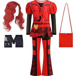 Red Costume Jumpsuits for Girl Princess Red Dress Halloween Party Dress up for Kids Wig Included 5-12Y