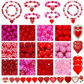 320 Pieces Valentine’s Day Beads Heart Charms for Necklace Bracelet Jewelry Making Red Crystal Pearl CCB Beads Rhinestone Glitter Heart Pendant Charms for DIY Crafts Party Decoration