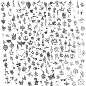Bulk Silver Jewelry Making Charms: 200 Pcs Metal Assorted Small Vintage Pendants for Earring Making,DIY Bracelet Necklace and Keychain, Graduation Hat Accessory, Halloween Mini Supply, Tiny Charm