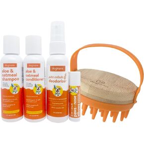 Dog Bath Travel Kit | Aloe & Oatmeal Shampoo & Conditioner | Pina Colada Deodorizer | Nose Balm | Bath Brush Bath Gift Set | Bath Sampler Grooming Kit