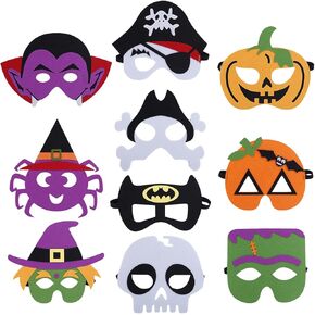 Halloween Felt Masks for Kids Girls Boys, Cosplay Masquerade Party Eye Mask with Elastic Rope, Include Witch Pumpkin Pirate Skeleton Vampire Mask, 10 Styles