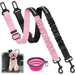 Vastar Dog Seat Belt, 21"-31" Adjustable Dog Car Harness Strap, Dog Tether with Elastic Bungee Buffer, Dog Car Leash with Universal Clip, Dog Seatbelt with Foldable Bowl, Heavy Duty Nylon & Zinc Alloy