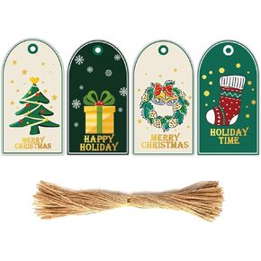 Besttile 60Pcs Christmas Gift Tags Gold Christmas Tags Gold Foil Gift Labels with Jute Rope Hang Name Tags Label for Festive Decorations Present Wrapping & Display（2 * 4 Inches）