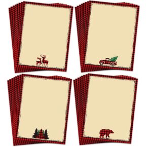 Whaline 60Pcs Christmas Stationery Paper Xmas 4 Designs Decorative Writing Paper Red Black Buffalo Plaid Border Letterhead for Notes Greeting Cards Invitations Office School Printing, 8.5 x 11 In