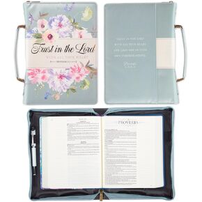 Christian Art Gifts Fashion Vegan Leather Bible Cover for Women: Trust in The Lord Inspirational Scripture Book Tote, Pen Loops, Pockets. Stationery Accessory, Light Teal Multicolor Floral, Medium