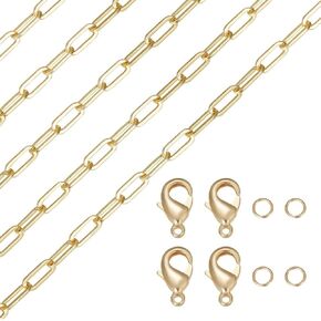 Beebeecraft 1 Box 2M Paperclip Chain 18K Gold Plated Oval Chunky Link Necklace with 10Pcs Lobster Claw Clasps 20Pcs Jump Rings for Jewelry Making