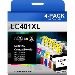 LC401XL Ink Cartridges for Brother Printer LC401 Ink High Yield for Brother LC401 Ink Cartridges Work for MFC-J1010DW MFC-J1170DW MFC-J1012DW MFC-J1800DW MFC J1010DW(4 Pack, Black Cyan Magenta Yellow)