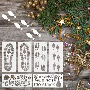 mdgfge 6 Pcs Christmas Large Santa Footprint Floor Stencils Stencil Merry Christmas Elk Footprint Snowflake Painting Reusable Stencils for Xmas Holiday Party Home Indoor Floor Templates Decorations