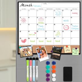 Magnetic Fridge Calendar Dry Erase, 2 in 1 Combo Fridge Cork Calendar, 15.7"x13" Magnetic Whiteboard Calendar for Fridge with 1 Eraser, 4 Dry Wipe Markers, 8 Magnets Thumb Tacks, Chore List for Family
