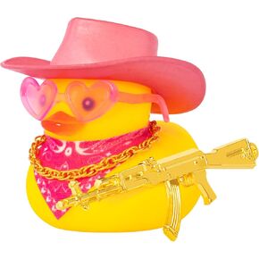 wonuu Rubber Duck Yellow Duck Car Dashboard Decorations Car Ornaments for Cool Car Accessories with Cowboy Hat Necklace and Sunglasses, pink hat love galssess