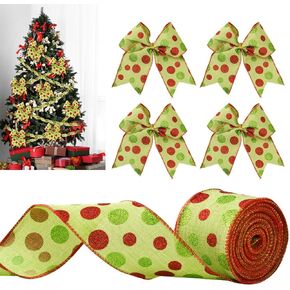 Christmas Wired Ribbon, 63mm x 10M Christmas Glitter Burlap Ribbon Red Green Christmas Ribbons Polka Dot Decorative Ribbon for DIY Craft Topper Bows Wreaths Garland Gift Wrapping (Red and Green)