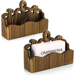 2 Pack Wood Business Card Holder for Desk, Decorative Postcard Business Card Display Stand, Desktop Open Vintage Hollowed Business Card Display Organizer for Office, Farmhouse, Tabletop