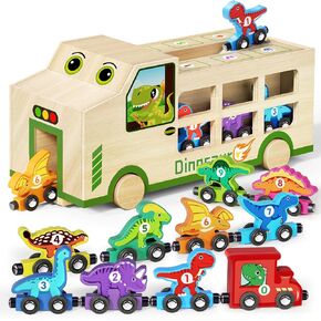 GJZZ Dinosaur Toys for Kids 3-5, Dinosaur Truck with 10 Magnetic Wooden Dinosaur Train Set, Birthday Gifts Toys for 3 4 5+ Year Old Boy, Trucks for Toddlers 2-4 Years