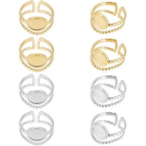 UNICRAFTALE 8pc 2-Color Stainless Steel Open Cuff Ring Components with Oval Ring Blanks, Gold Plated, Adjustable for DIY Jewelry Making