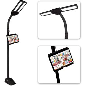 مصباح أرضي LED مزدوج الظل من OttLite مع حامل قابل للتعديل - نطاق واسع من الإضاءة مع منفذ شحن USB مدمج 2.1 أمبير ورقبة مرنة - 4 إعدادات سطوع للقراءة والدراسة
