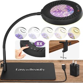 EASYINBEAUTY 10X Magnifying Glass with Light and Stand, 5 Color Modes & 9-Level Dimmable, 2-in-1 LED Magnifying Desk Lamp with Clamp, Gooseneck Magnifying Light for Crafts Hands Free, Close Work, Read