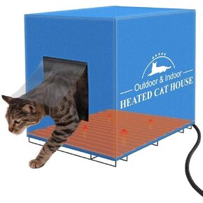 Large Heated Cat House for Outdoor Cats in Winter, Anti-Soaking Insulated Cat House, Elevated & Weatherproof, Warm Cat Shelter with Heating Pad, Outside House Feral Barn Cat (Blue, 12"x16"x14")