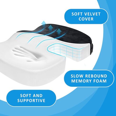 وسادة مقعد مريحة معززة - شبكة مسامية ووسادة مقعد من الإسفنج الذكي لتخفيف آلام عظم الذيل - قاعدة غير قابلة للانزلاق، السيارة، الكرسي المتحرك، وسائد كرسي المكتب (غطاء مخملي، أسود) in Kuwait