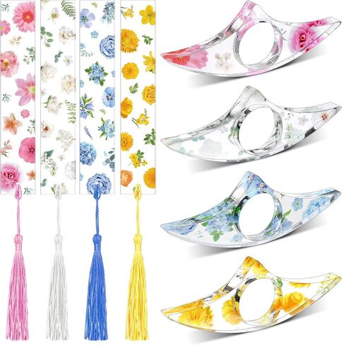 8 Pieces Flower Acrylic Bookmarks Book Page Holder Floral Bookmarks with Colorful Tassels Thumb Ring Transparent Page Holders for Reading Teachers Book Lovers Women(Clear) in Saudi Arabia