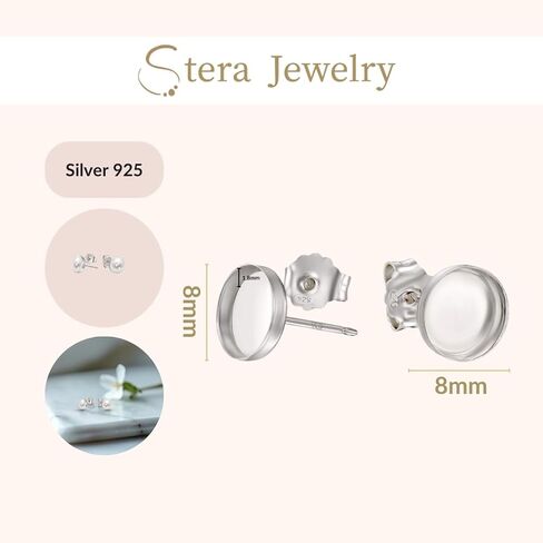 925 Sterling Silver Earring Settings - Earring Findings for Jewelry Making - Round Stud Bezel Cups (8mm) with Posts and Butterfly Backs - DIY Earrings Projects - Earring Making Supplies in Saudi Arabia