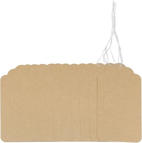 علامات فارغة من ورق كرافت من ZUFECY، 100 قطعة من العلامات القابلة للكتابة مع خيط، ملصق عرض من الدانتيل لبطاقات الأسعار والحرف اليدوية للعطلات 4 * 2 بوصة in Kuwait