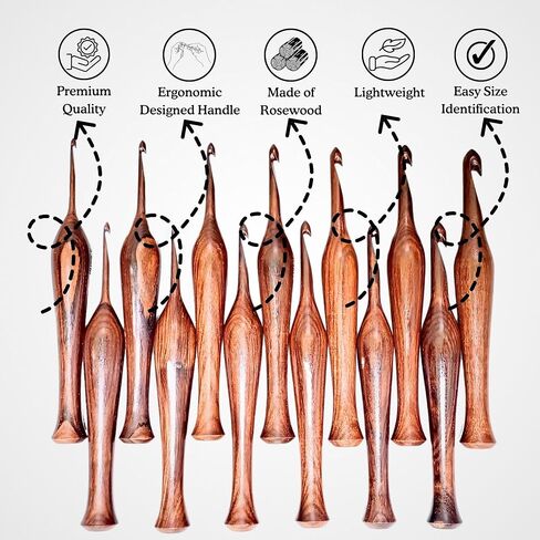 Rosewood Crochet Hooks Set - 13 Sizes 3.5mm to 12mm - Wooden Crochet Hooks with Comfortable Grip - - Ergonomic Design for Arthritic Hands - for Crocheting, Knitting - Gifts for Her(Set of 13) in Saudi Arabia