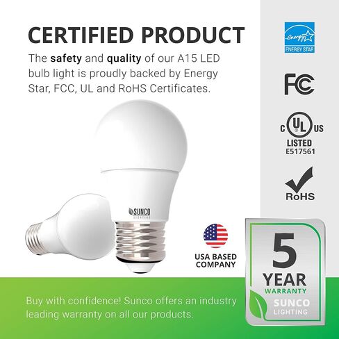 Sunco 10 Pack A15 LED Ceiling Fan Candelabra Light Bulbs E26 Medium Base CRI92 6000K Daylight Deluxe 8W Equivalent 60W, 800 Lumens, Waterproof Super Bright Appliance Indoor Outdoor UL in Saudi Arabia