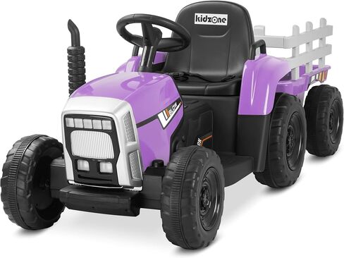 Kidzone 12V 7AH Treaded Tires with Dual 25W Motors Remote Control Battery Powered Electric Tractor with Trailer Toddler Ride On Toy with 3-Gear-Shift 7-LED Lights, MP3 Audio - Purple in Saudi Arabia